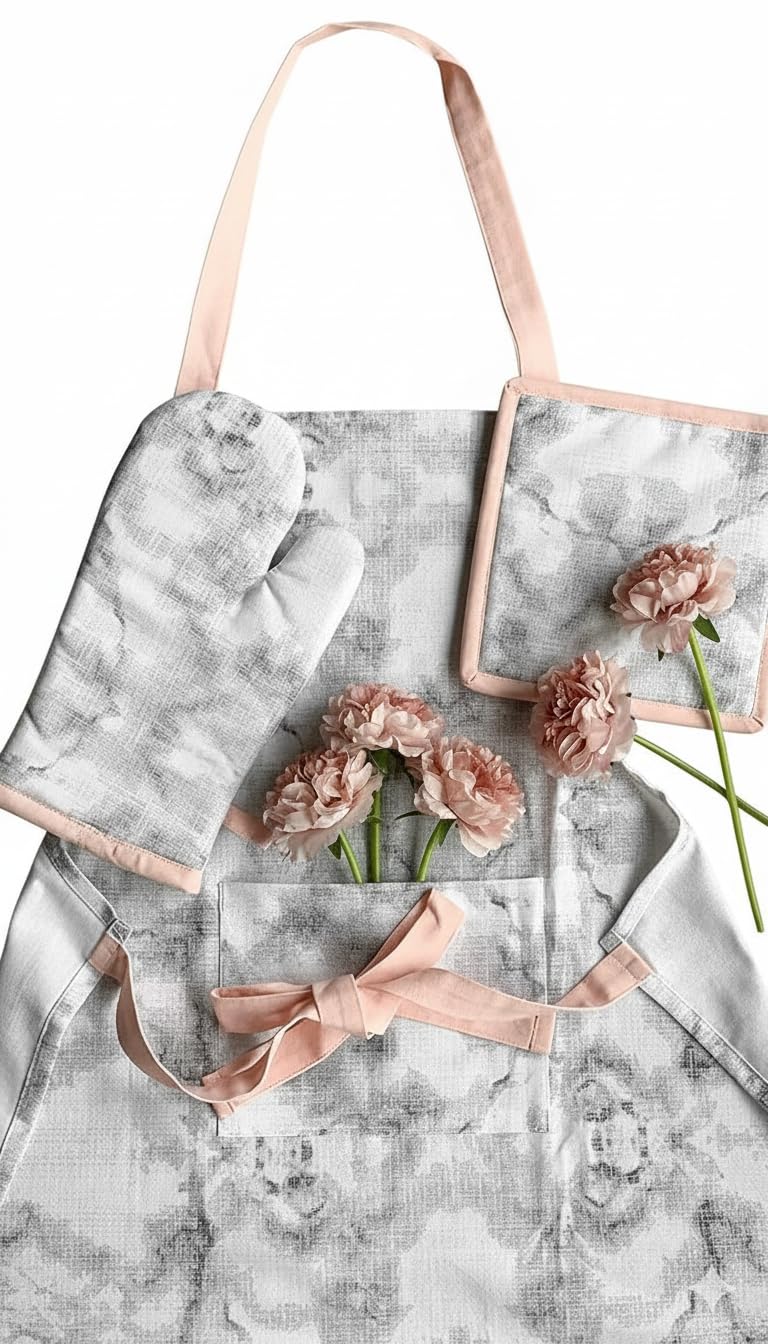 Pixel Home Printed Apron Set with Oven Mitten and Pot Holder - Marble Print - Image 1