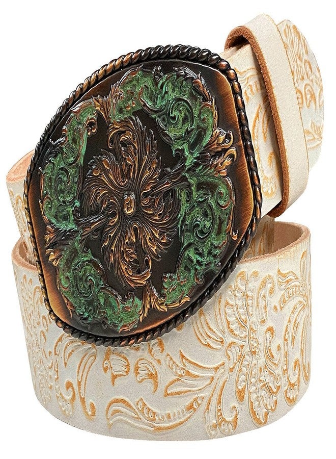 Belts.com Floral Engraved Buckle Western Fashion Style Full Grain Genuine Leather Belt 1-1/2" (38mm) Wide, Multi-Style Options (White, 36) - Image 2