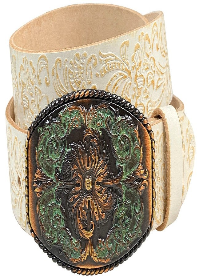 Belts.com Floral Engraved Buckle Western Fashion Style Full Grain Genuine Leather Belt 1-1/2" (38mm) Wide, Multi-Style Options (White, 36) - Image 1