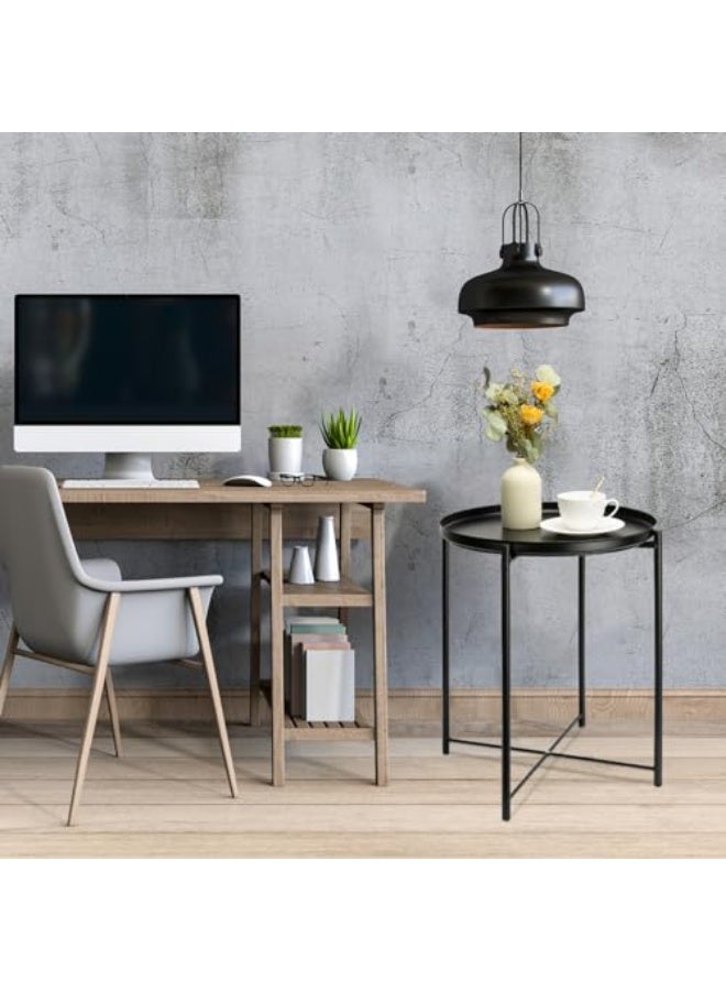 طاولة جانبية معدنية، مثالية للفناءات الخارجية الصغيرة خزانة سرير معدنية مستديرة صينية قابلة للإزالة ومقاومة للماء طاولة زخرفية مستديرة مناسبة لغرف الأطفال وغرف النوم والشرفات والمكاتب لون أسود - Image 2