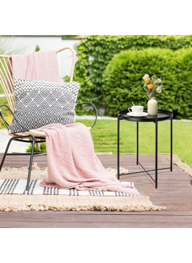 طاولة جانبية معدنية، مثالية للفناءات الخارجية الصغيرة خزانة سرير معدنية مستديرة صينية قابلة للإزالة ومقاومة للماء طاولة زخرفية مستديرة مناسبة لغرف الأطفال وغرف النوم والشرفات والمكاتب لون أسود - Image 4