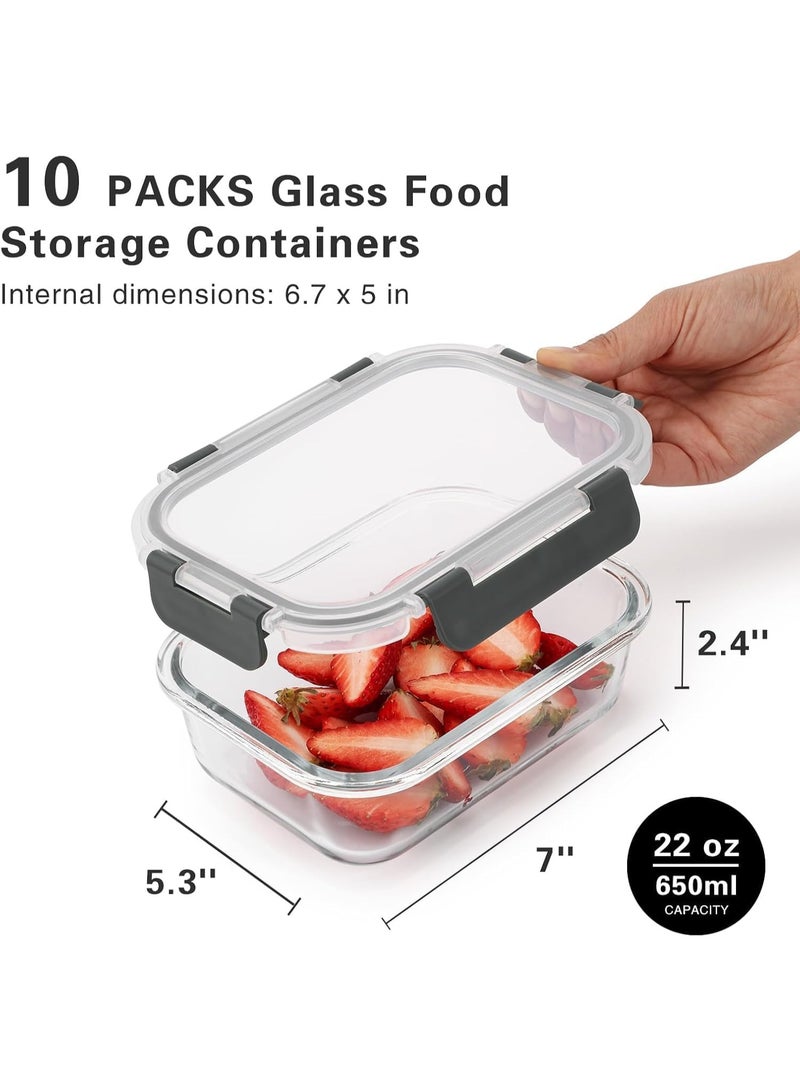 VERONES 10-Pack Meal Prep Container Set 22oz,Glass Food Storage Containers with Leak-Proof Locking Lids, Airtight Glass Containers, BPA-Free,Perfect for Kitchen Storage, Microwave,Freezer & Dishwasher - Image 4