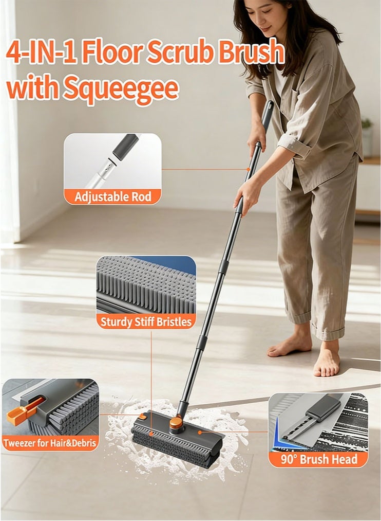 meayul Upgraded 4 in 1 Floor Scrub Brush with Length Adjustable Long Handle, Heavy-Duty Stiff 360° Bristle Scrubber with Squeegee and Tweezer for Patio, Shower, Garage, Deck, Tile, Concrete and Wood Surface - Image 3
