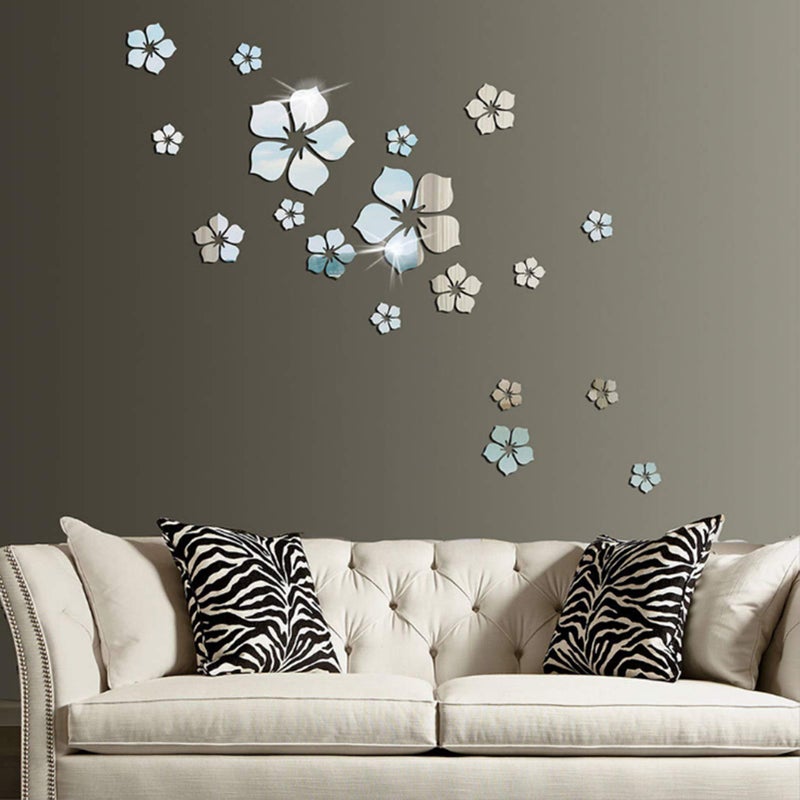 AQRICHFOX 18pcs Acrylic Mirror Wall Sticker Decal for Home Living Room Bedroom Decor 3D Flower DIY Wall Decoration Silver