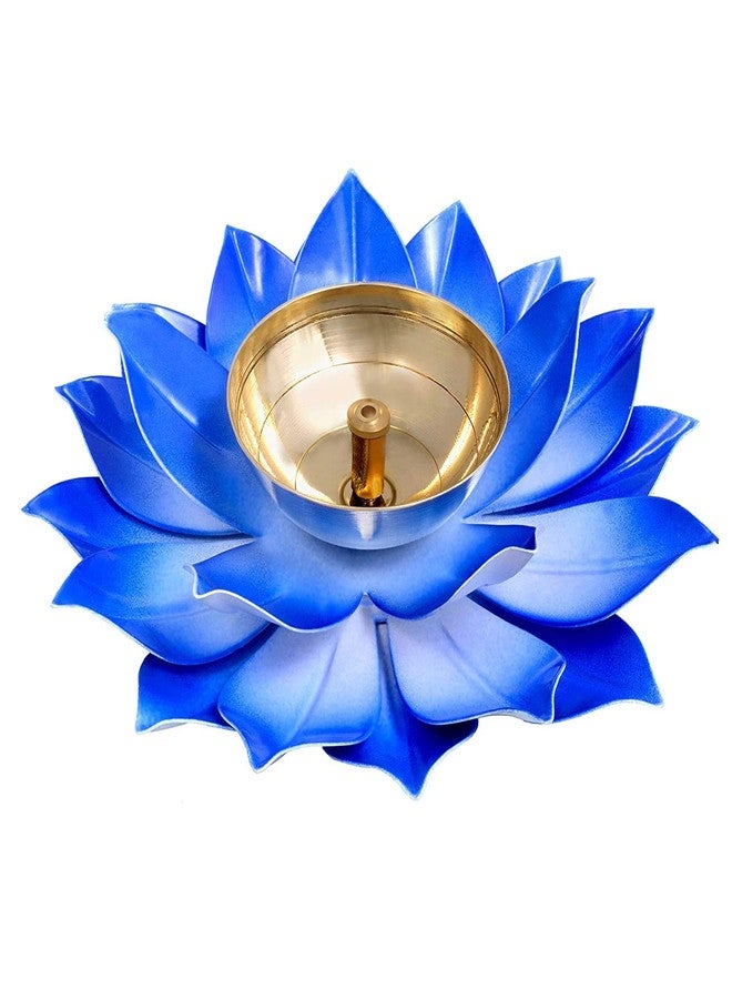 Skywalk Colorful Handcrafted Brass Lotus Diya Deepak Pooja Oil Lamp for Home Decoration and Diwali Gifting (Blue) - Image 1
