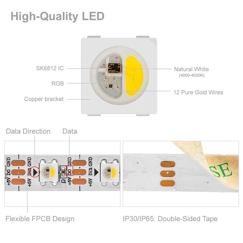 BTF-LIGHTING RGBW RGB+Natural White SK6812 (Similar WS2812B) 4 Colors in 1 LED Strip Individually Addressable 16.4ft 60Pixel/m 300LED Light Dream Color IP65 DC5V White PCB (No Adapter or Controller) - Image 3