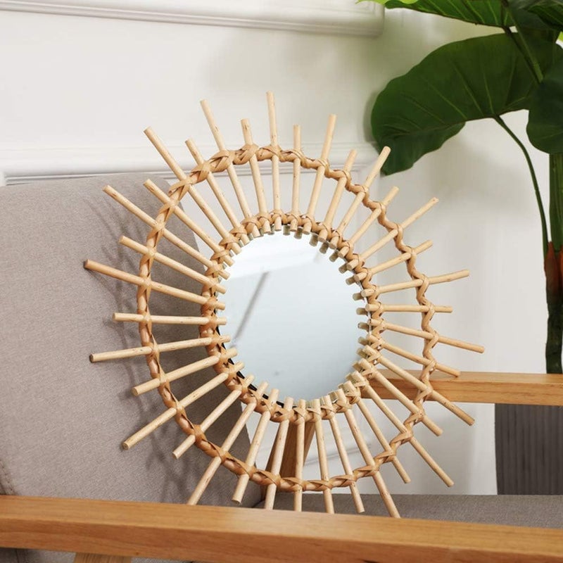 OYPEIP 22" Large Rattan Innovative Art Decoration Round Makeup Mirror Dressing Bedroom Bathroom Wall Hanging Mirrors Craft Photo Props,Glass Decor… - Image 3