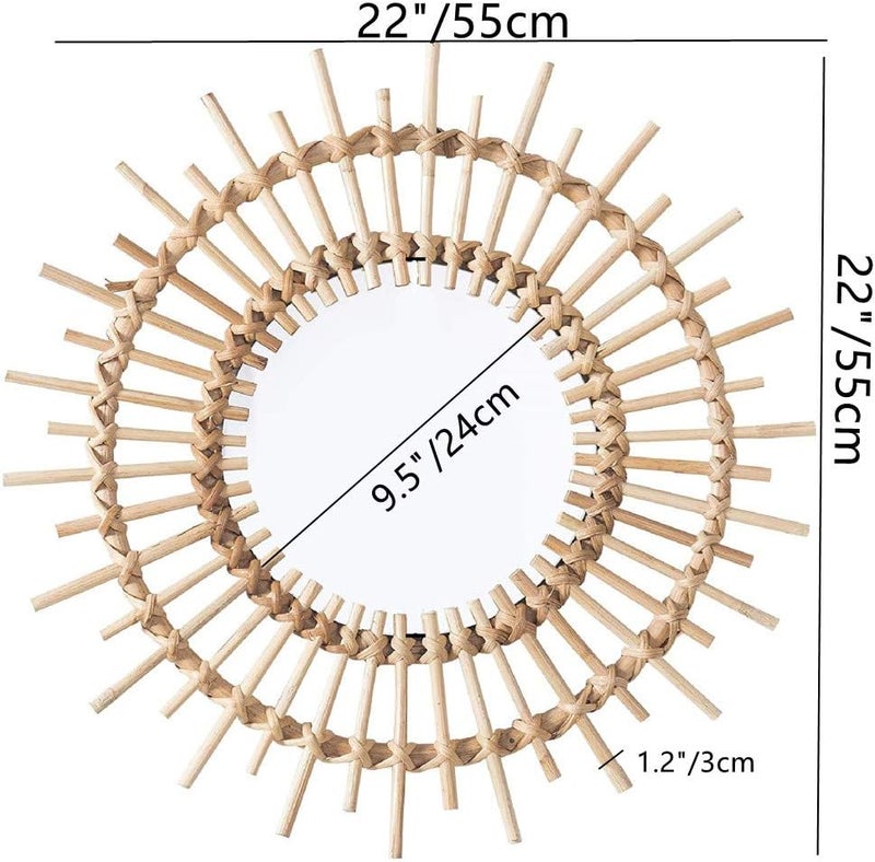 OYPEIP 22" Large Rattan Innovative Art Decoration Round Makeup Mirror Dressing Bedroom Bathroom Wall Hanging Mirrors Craft Photo Props,Glass Decor… - Image 2