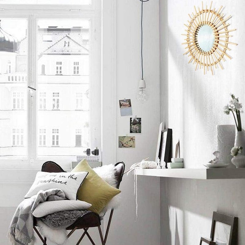 OYPEIP 22" Large Rattan Innovative Art Decoration Round Makeup Mirror Dressing Bedroom Bathroom Wall Hanging Mirrors Craft Photo Props,Glass Decor… - Image 4