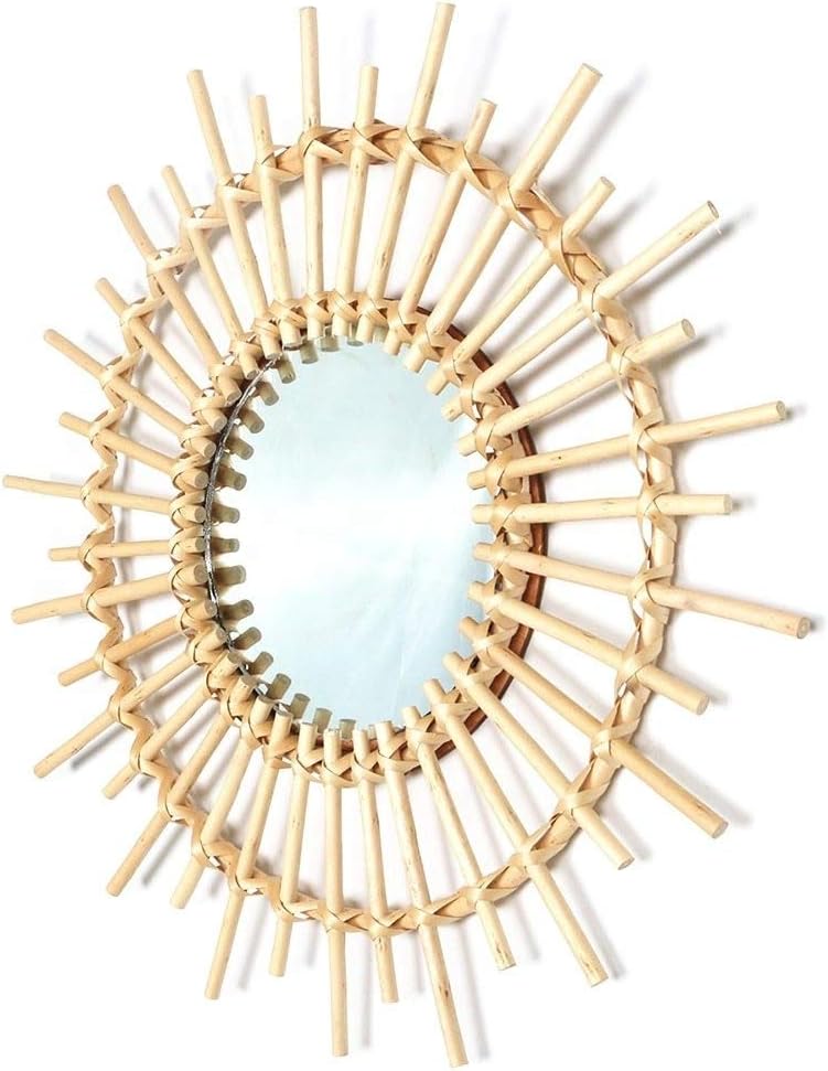 OYPEIP 22" Large Rattan Innovative Art Decoration Round Makeup Mirror Dressing Bedroom Bathroom Wall Hanging Mirrors Craft Photo Props,Glass Decor… - Image 5
