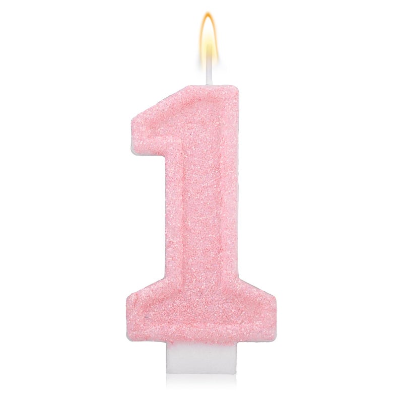 Gosknor Pink Number One Birthday Candles, Romantic Cake Glitter Pink Number 1st Candles Anniversary Cake First Topper Decoration Cute Birthday Party Supplies for Wedding Anniversary Celebration Supplies (1) - Image 1