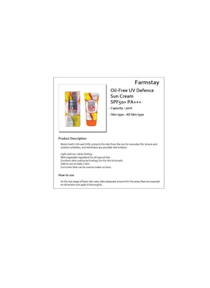 Farm Stay - Farm Stay Oil Free UV Defence Sun Cream 70ml - Image 1