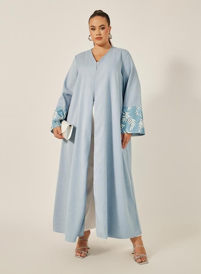Styli Plus Size A-Line Front Open Abaya with Printed Tonal Detail  - Image 1