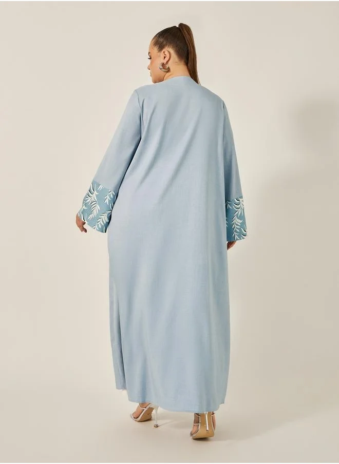 Styli Plus Size A-Line Front Open Abaya with Printed Tonal Detail
