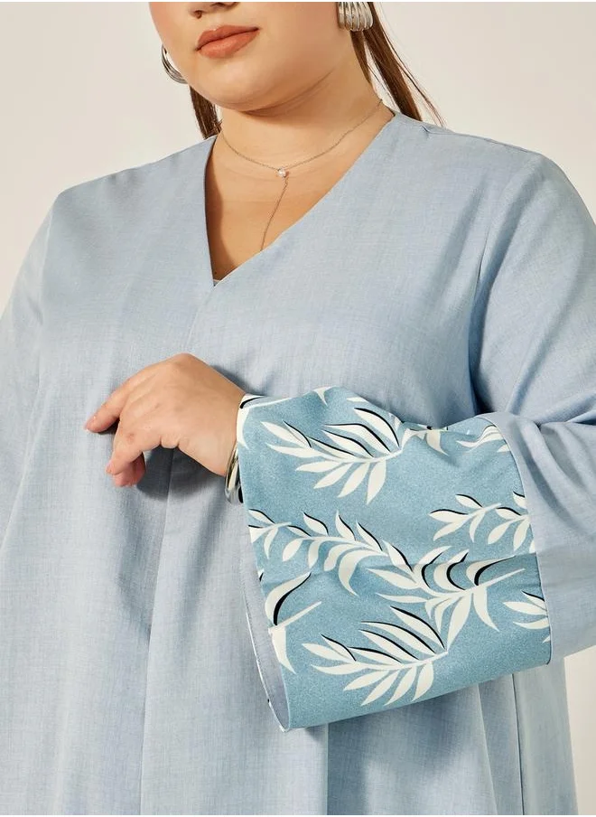 Styli Plus Size A-Line Front Open Abaya with Printed Tonal Detail