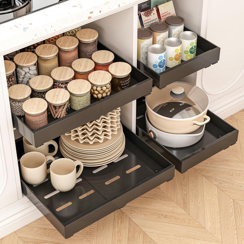 THMINS مجموعة من 4 منظم خزائن سحب من ، عمق 16 بوصة قابل للتوسيع (12.6"-20.5") أدراج سحب ثقيلة، أدراج سحب للخزائن مناسبة لتخزين المطبخ (أسود) - Image 1