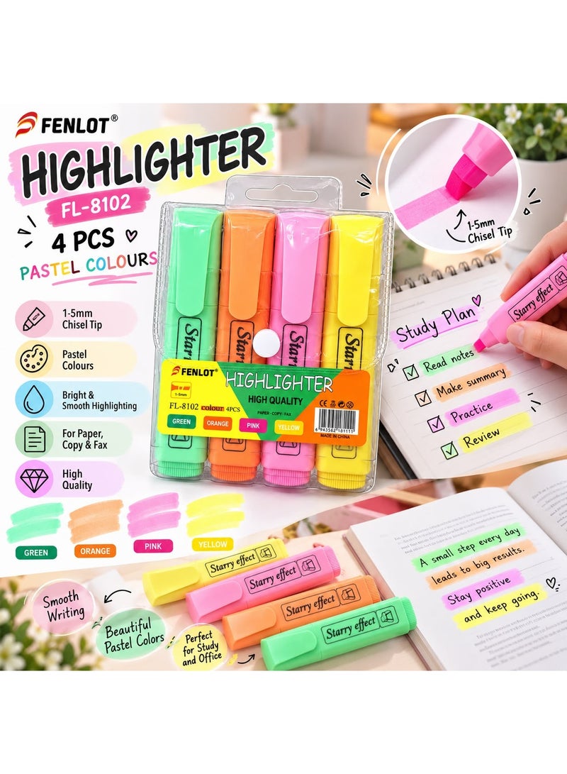 FENLOT Highlighter Set, 4 Pastel Colors, 1-5mm Chisel Tip - Image 2