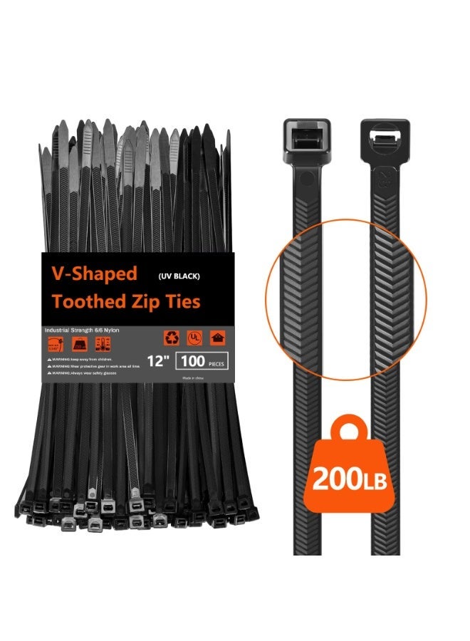 Heavy Duty Zip Ties 12 Inch, V‑Shaped Double Sided Toothed Cable Ties 200 LBS Tensile Strength, Industrial Nylon 66 Wire Ties for Indoor Outdoor Use (100 Pack) - Image 1