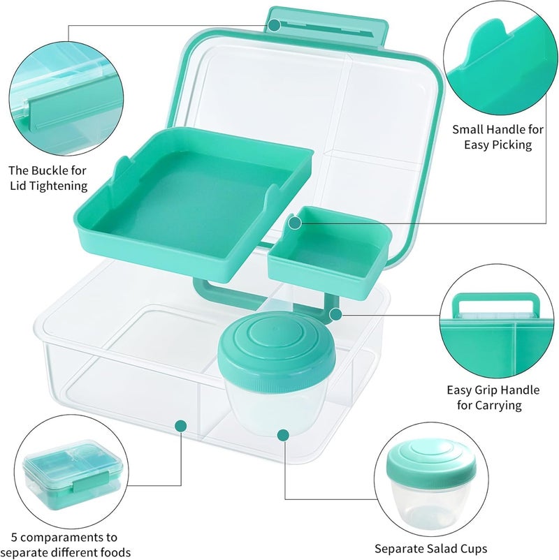 KEYOZA 3 Compartment Plastic Lunch Box Bento Lunch Box with 2 Removable Trays and Salad Dressing Container Design Use for Office School Travelling 1650 Ml Minty Teal - Image 3