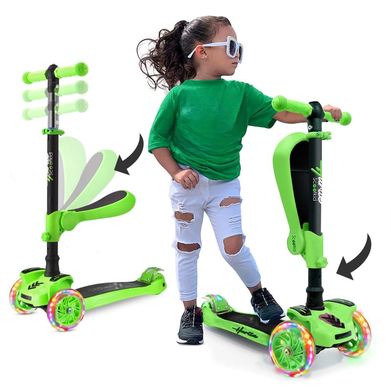 Hurtle Kids Scooter - Child Toddler Kick Scooter Toy with Foldable Seat - 3 Wheel Scooter with Adjustable Height, Anti-Slip Deck, Flashing Wheel Lights, for Boys/Girls 1-12 Year Old, Green - Image 1