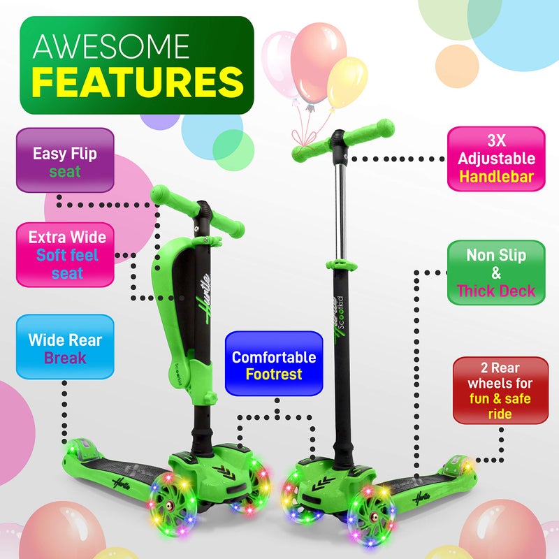 Hurtle Kids Scooter - Child Toddler Kick Scooter Toy with Foldable Seat - 3 Wheel Scooter with Adjustable Height, Anti-Slip Deck, Flashing Wheel Lights, for Boys/Girls 1-12 Year Old, Green - Image 2