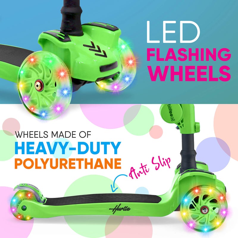 Hurtle Kids Scooter - Child Toddler Kick Scooter Toy with Foldable Seat - 3 Wheel Scooter with Adjustable Height, Anti-Slip Deck, Flashing Wheel Lights, for Boys/Girls 1-12 Year Old, Green - Image 4