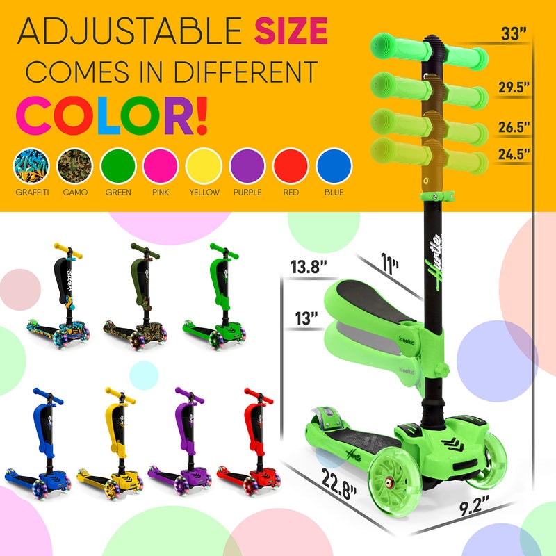 Hurtle Kids Scooter - Child Toddler Kick Scooter Toy with Foldable Seat - 3 Wheel Scooter with Adjustable Height, Anti-Slip Deck, Flashing Wheel Lights, for Boys/Girls 1-12 Year Old, Green - Image 3