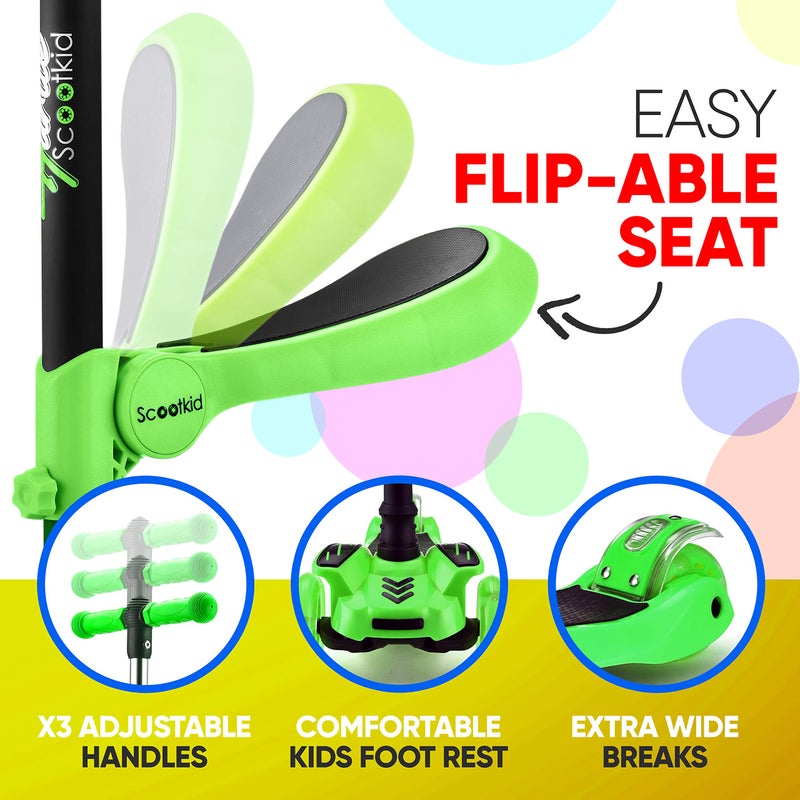 Hurtle Kids Scooter - Child Toddler Kick Scooter Toy with Foldable Seat - 3 Wheel Scooter with Adjustable Height, Anti-Slip Deck, Flashing Wheel Lights, for Boys/Girls 1-12 Year Old, Green - Image 5