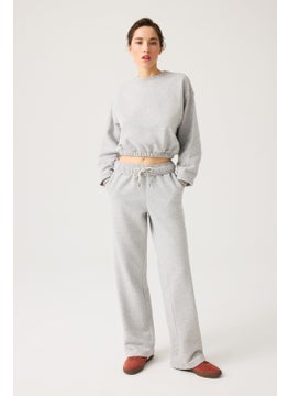 Los Ojos Gray Melange Wide Pattern Waist Drawstring Crop Sweatshirt Cropped Pullover  - Image 2