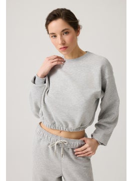 Los Ojos Gray Melange Wide Pattern Waist Drawstring Crop Sweatshirt Cropped Pullover  - Image 4
