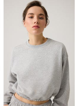 Los Ojos Gray Melange Wide Pattern Waist Drawstring Crop Sweatshirt Cropped Pullover  - Image 1