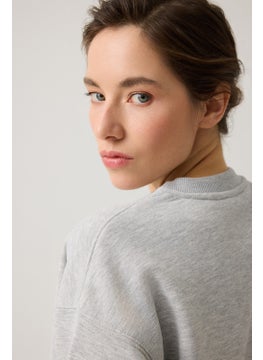 Los Ojos Gray Melange Wide Pattern Waist Drawstring Crop Sweatshirt Cropped Pullover  - Image 3