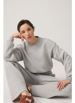 Los Ojos Gray Melange Wide Pattern Waist Drawstring Crop Sweatshirt Cropped Pullover  - Image 5