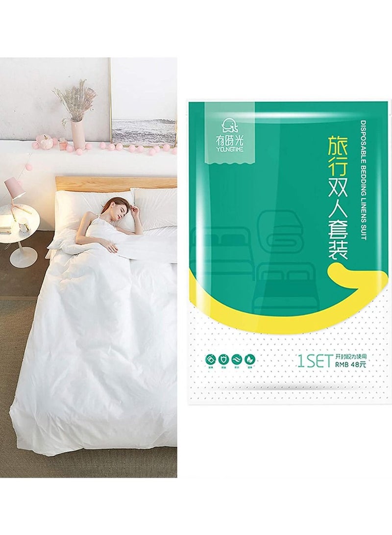 سيوسي مجموعة ملاءات السرير المكونة من 4 قطع للاستعمال مرة واحدة للسفر ، ملاءات سرير مزدوج ملاءات السفر للفندق ، مجموعة غطاء لحاف ملاءة محمولة للسفر وفندق سبا ورحلة عمل ، جاهزة للاستخدام مجموعة مفروشات يمكن - Image 1