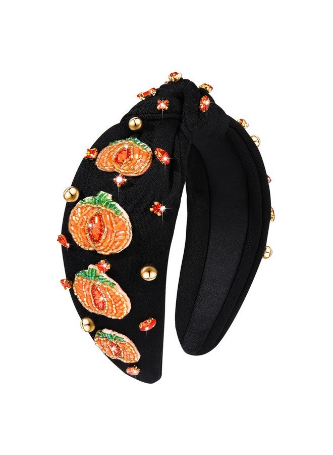 NVENF Halloween Headband Accessories For Women Crystal Pearl Knotted Headband Embellished Beaded Pumpkin Candy Corn Boo Headbands Rhinestone Jeweled Wide Top Knot Headband Costume Party Favors (Pumpkin) - Image 1