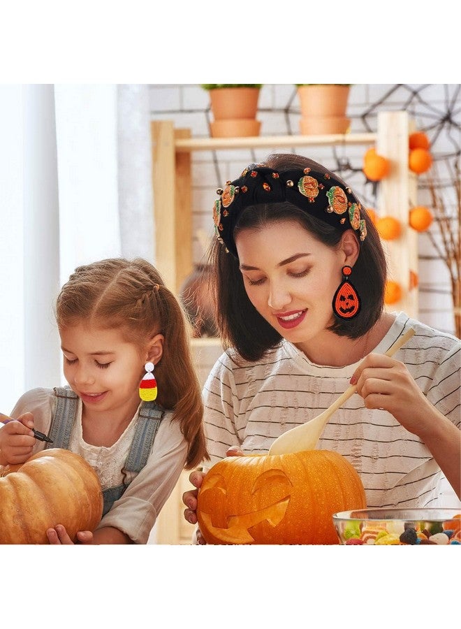 NVENF Halloween Headband Accessories For Women Crystal Pearl Knotted Headband Embellished Beaded Pumpkin Candy Corn Boo Headbands Rhinestone Jeweled Wide Top Knot Headband Costume Party Favors (Pumpkin) - Image 3