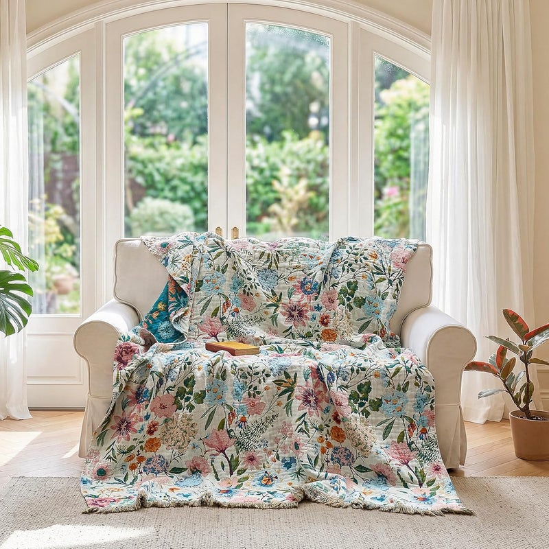 LUTBM Boho Throw Blanket for Couch Sofa Chair Cotton Blankets for Bedroom Living Room All Season Lightweight Reversible Floral Embroidery Throws 50"x60" - Image 4