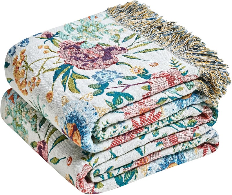 LUTBM Boho Throw Blanket for Couch Sofa Chair Cotton Blankets for Bedroom Living Room All Season Lightweight Reversible Floral Embroidery Throws 50"x60" - Image 1