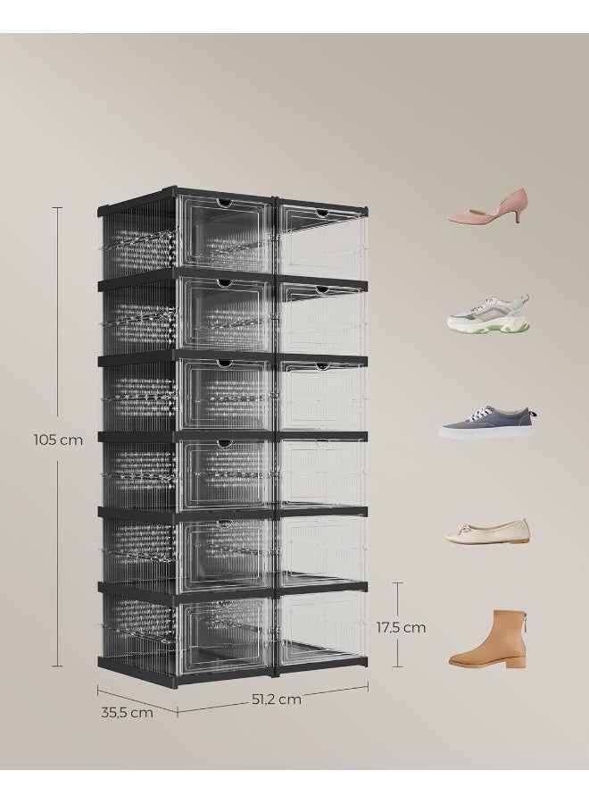 SONGMICS HOME صناديق أحذية، مجموعة من 12 منظمًا لتخزين الأحذية قابلًا للتكديس، 2 رفوف أحذية قابلة للطي والتركيب، حتى مقاس 46، تجميع في 60 ثانية، شفاف وحبر أسود - 51.2 x 35.5 x 105 cm - Image 3