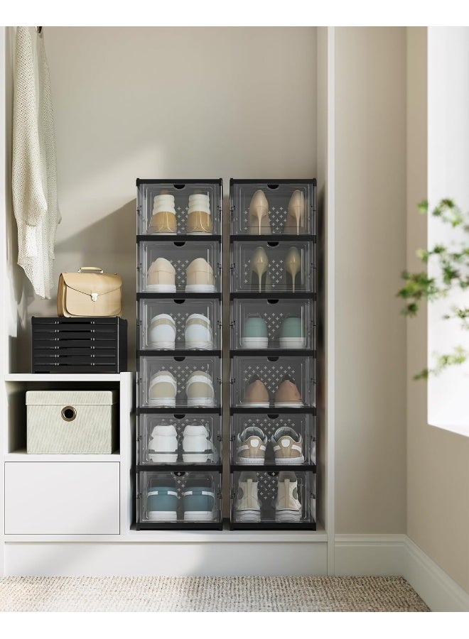 SONGMICS HOME صناديق أحذية، مجموعة من 12 منظمًا لتخزين الأحذية قابلًا للتكديس، 2 رفوف أحذية قابلة للطي والتركيب، حتى مقاس 46، تجميع في 60 ثانية، شفاف وحبر أسود - 51.2 x 35.5 x 105 cm - Image 1