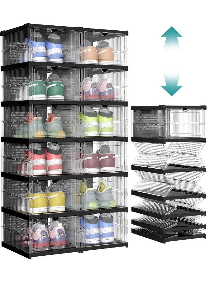 SONGMICS HOME صناديق أحذية، مجموعة من 12 منظمًا لتخزين الأحذية قابلًا للتكديس، 2 رفوف أحذية قابلة للطي والتركيب، حتى مقاس 46، تجميع في 60 ثانية، شفاف وحبر أسود - 51.2 x 35.5 x 105 cm - Image 2