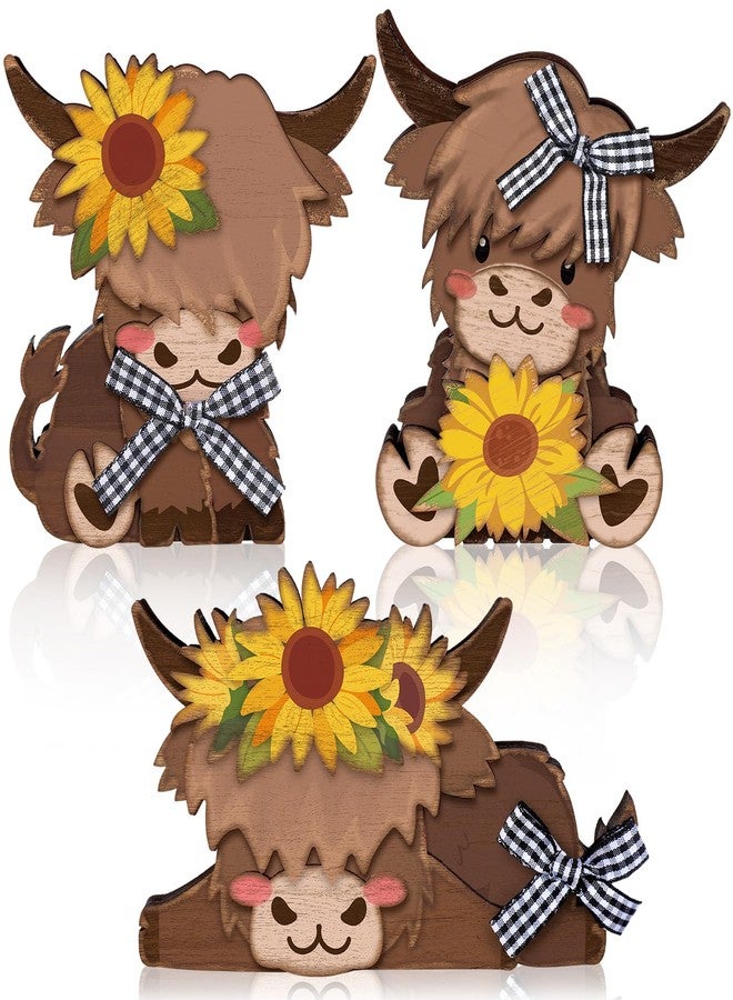 GlikCeil 3 Pcs Sunflower Highland Cow Wooden Table Decorations Centerpiece Block Fall Highland Cow Tiered Tray Tabletop Sign for Office Dining Room Mantle Party Supplies Home - Image 1