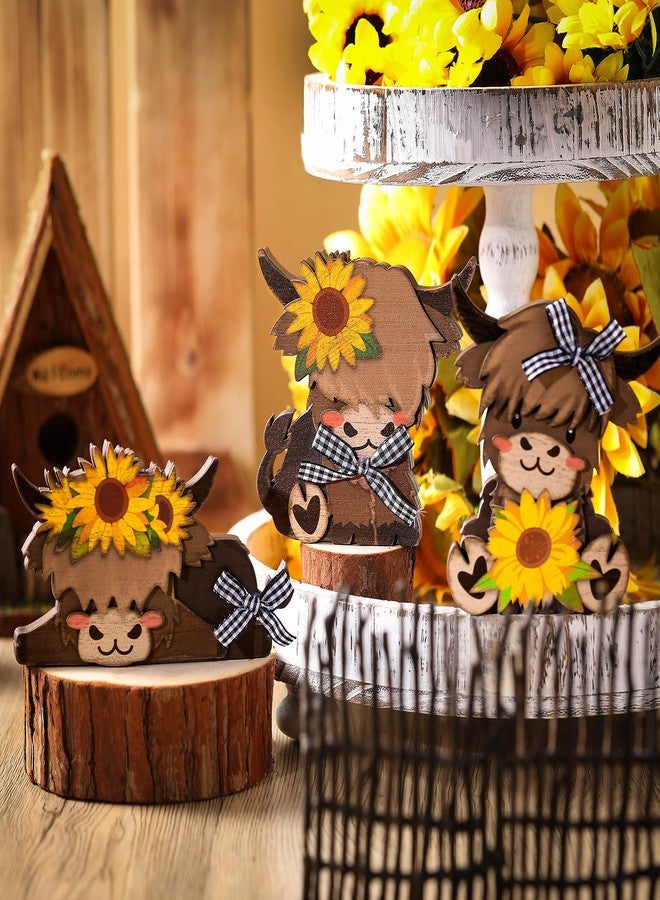 GlikCeil 3 Pcs Sunflower Highland Cow Wooden Table Decorations Centerpiece Block Fall Highland Cow Tiered Tray Tabletop Sign for Office Dining Room Mantle Party Supplies Home - Image 3