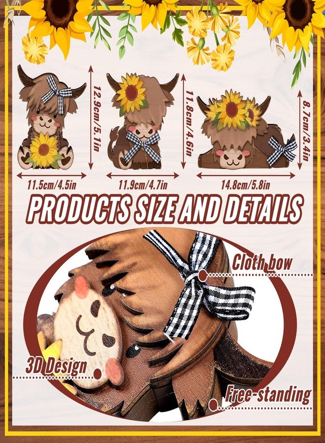 GlikCeil 3 Pcs Sunflower Highland Cow Wooden Table Decorations Centerpiece Block Fall Highland Cow Tiered Tray Tabletop Sign for Office Dining Room Mantle Party Supplies Home - Image 2
