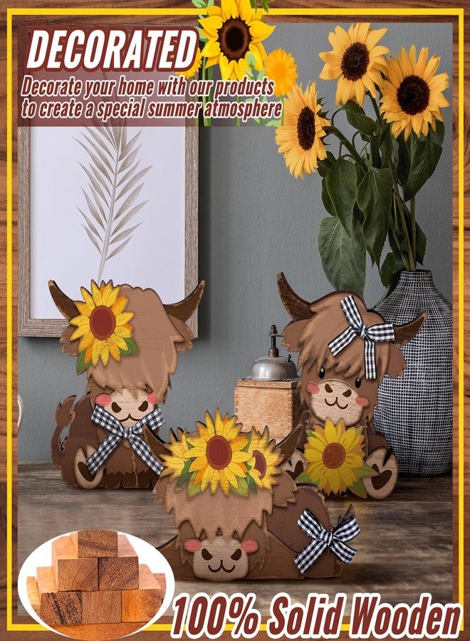 GlikCeil 3 Pcs Sunflower Highland Cow Wooden Table Decorations Centerpiece Block Fall Highland Cow Tiered Tray Tabletop Sign for Office Dining Room Mantle Party Supplies Home - Image 4