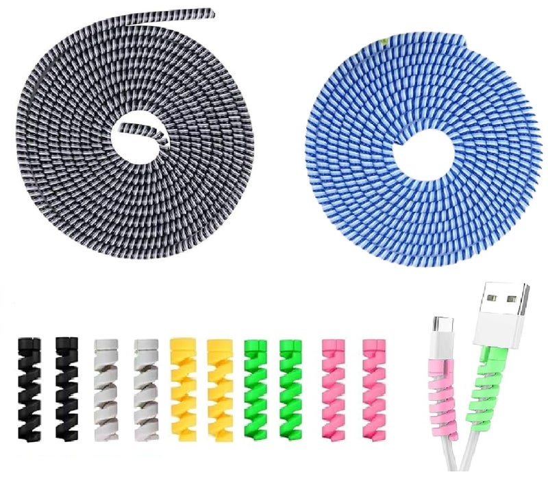 LOOPRED Spiral Cable Protector, Chargers Cable Protector Data Cable Protective Sleeve, Headphone Saver, Charger Protective Cover for Phone USB Prevent Pets from Biting The Cable (Black/Blue) - Image 1