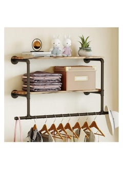 Arabest Pipe Clothes Rail with Shelf: Wall Mounted Pipe Clothing Rack Wall Hanging Clothes Display Rack with 2 Tier Shelves Clothes Rail Wall Industrial Pipe Clothing Rail Pole with Shelves for Bedroom  - Image 1