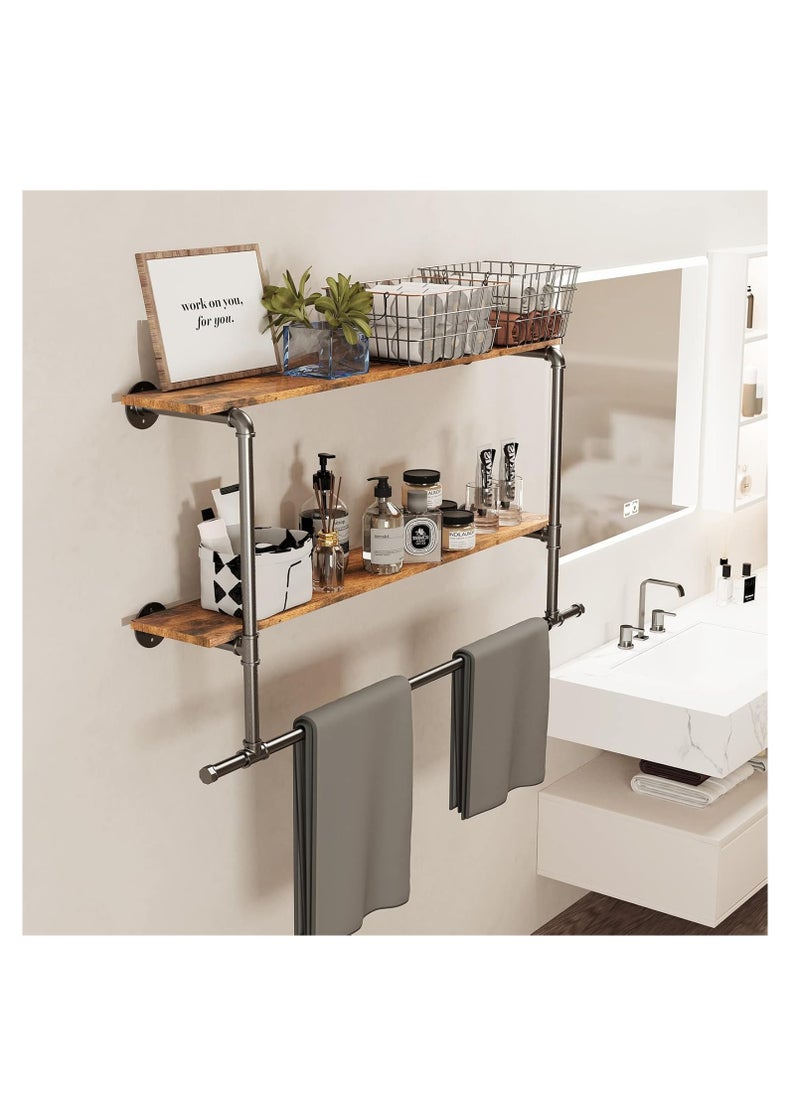 Arabest Pipe Clothes Rail with Shelf: Wall Mounted Pipe Clothing Rack Wall Hanging Clothes Display Rack with 2 Tier Shelves Clothes Rail Wall Industrial Pipe Clothing Rail Pole with Shelves for Bedroom  - Image 2