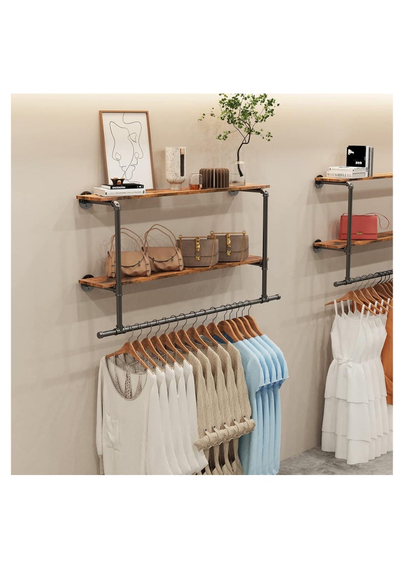 Arabest Pipe Clothes Rail with Shelf: Wall Mounted Pipe Clothing Rack Wall Hanging Clothes Display Rack with 2 Tier Shelves Clothes Rail Wall Industrial Pipe Clothing Rail Pole with Shelves for Bedroom  - Image 3