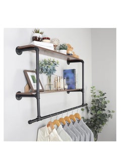 Arabest Pipe Clothes Rail with Shelf: Wall Mounted Pipe Clothing Rack Wall Hanging Clothes Display Rack with 2 Tier Shelves Clothes Rail Wall Industrial Pipe Clothing Rail Pole with Shelves for Bedroom  - Image 4